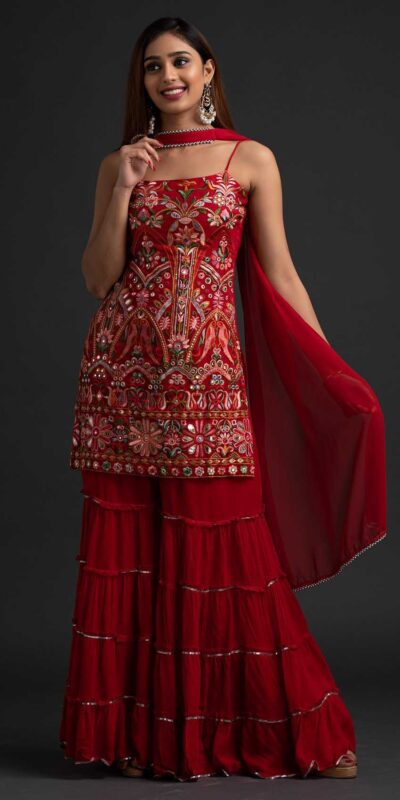 NSR 1301 Red Top : Georgette Work : Heavy Embroidery With Real Mirror Work Sharara : Georgette Wedding, Party, Festive, Events @1849/- | Salwar suit, Casual Suits, Creative suits, Designer Suits, Palazzo Suits, Party Wear Suits, Straight Suits