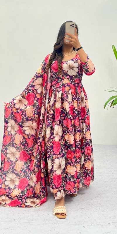 RC 264 Pink Color Heavy Chinon Printed Gown With Lace Border Dupatta Casual, Wedding, Party, Festive, Events Etc. 4-6 Working Days 1749/- | Gowns, Bollywood Gowns, Creative Gowns, Designer Gowns, Embroidered Gowns, Party Wear Gowns