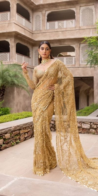 DF 3398 Golden Color Mono Butterfly Net Embroidery work Saree Casual, Wedding, Festive, Events Etc. Expected Delivery 4-6 Working Days @1799/- | Sarees, Bollywood Sarees, Creative Sarees, Designer Sarees, Embroidered Sarees, Ethnic Saree, Modern Digital sarees, Party Wear Sarees