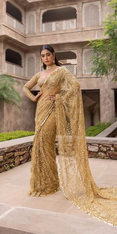 DF 3398 Golden Color Mono Butterfly Net Embroidery work Saree Casual, Wedding, Festive, Events Etc. Expected Delivery 4-6 Working Days @1799/- | Sarees, Bollywood Sarees, Creative Sarees, Designer Sarees, Embroidered Sarees, Ethnic Saree, Modern Digital sarees, Party Wear Sarees