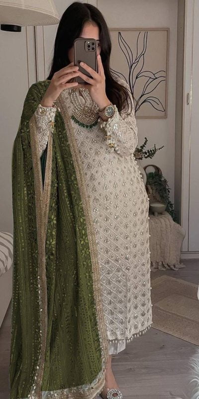 LG 1816 White Color Sequence Work Salwar Suit With Mehndi Dupatta Casual, Wedding, Festive, Events Etc. Expected Delivery 4-6 Working Days @2349/- | Salwar suit, Casual Suits, Creative suits, Designer Suits, Party Wear Suits, Patiala Suits, Straight Suits