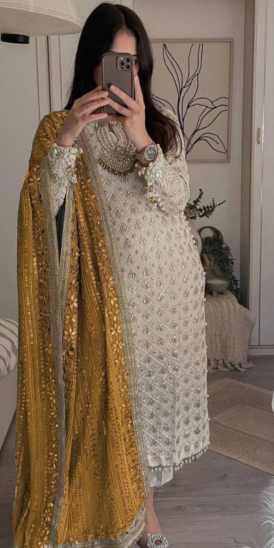 LG 1816 White Color Sequence Work Salwar Suit With Yellow Dupatta Casual, Wedding, Festive, Events Etc. Expected Delivery 4-6 Working Days @2349/- | Salwar suit, Casual Suits, Creative suits, Designer Suits, Party Wear Suits, Patiala Suits, Straight Suits