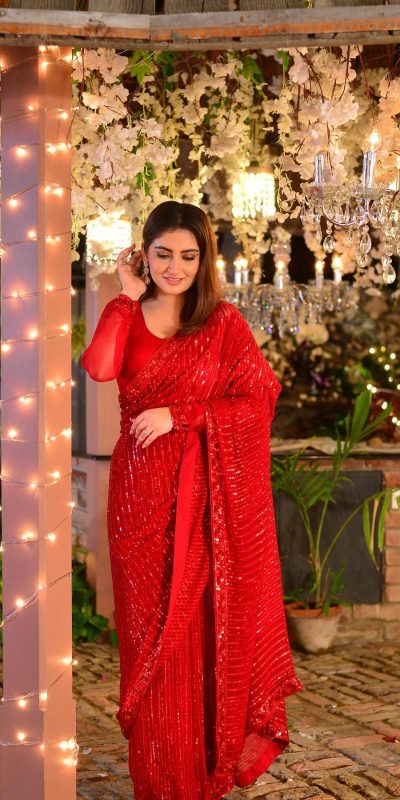 Dazzling Red Color Georgette Embroidery Sequence Work Saree