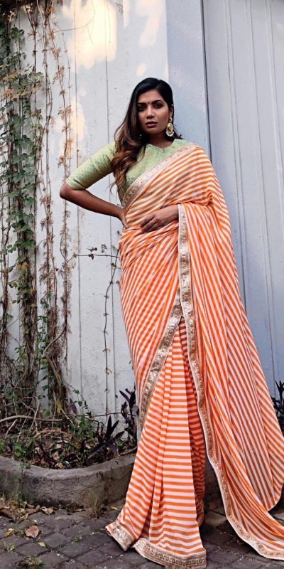 Fancy Orange Color Printed Georgette Embroidery Work Saree