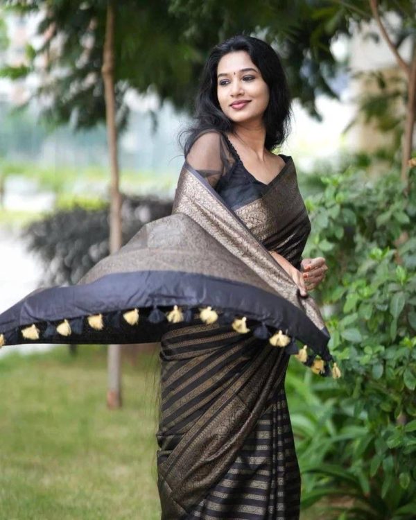 KP 4085 Black Color Soft Lichi Silk Jacquard On All Over Saree Casual, Party Wear, Wedding, Events Etc. Expected Delivery 4-6 Working Days @1399/- | Sarees, Bollywood Sarees, Creative Sarees, Designer Sarees, Embroidered Sarees, Ethnic Saree, Modern Digital sarees, Party Wear Sarees