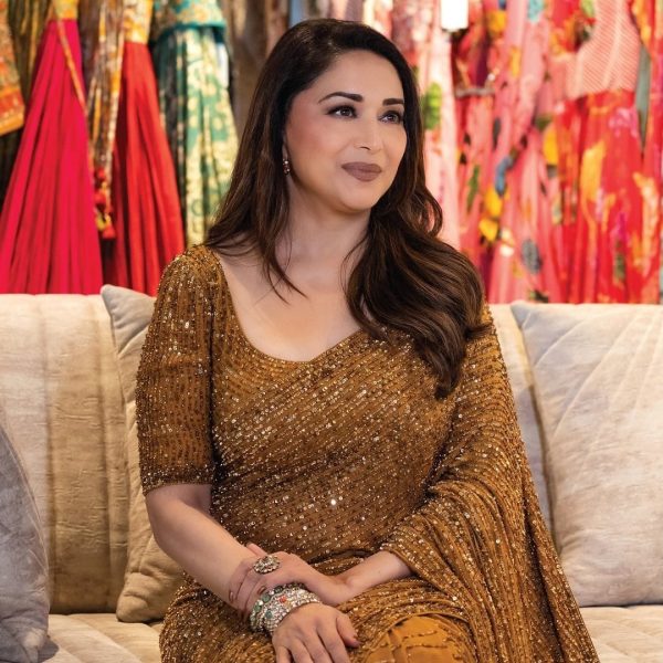 Madhuri DiXit Golden Color Georgette Sequins Embroidery Saree