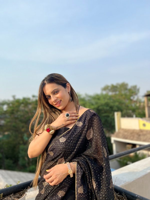 Stylish Black Color Georgette Sequence Lace border Work Saree