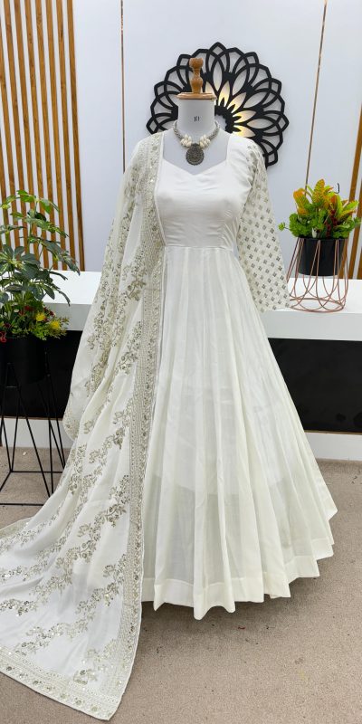 ZF 378 White Color Chinon Silk Embroidery Sequence Work Gown Casual, Wedding, Party, Festive, Events Etc. Expected Delivery 4-6 Working Days @2099/- | Gowns, Bollywood Gowns, Creative Gowns, Designer Gowns, Embroidered Gowns, Party Wear Gowns