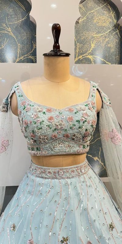 BD 1608 Light Blue Color Organza Silk Embroidered Lehenga Choli Casual, Wedding, Festive, Events Expected Delivery 4-6 Working Days @3199/- | Lehenga, Bollywood Lehenga, Creative Lehenga, Designer Lehenga, Embroidered Lehenga, Party Wear Lehenga