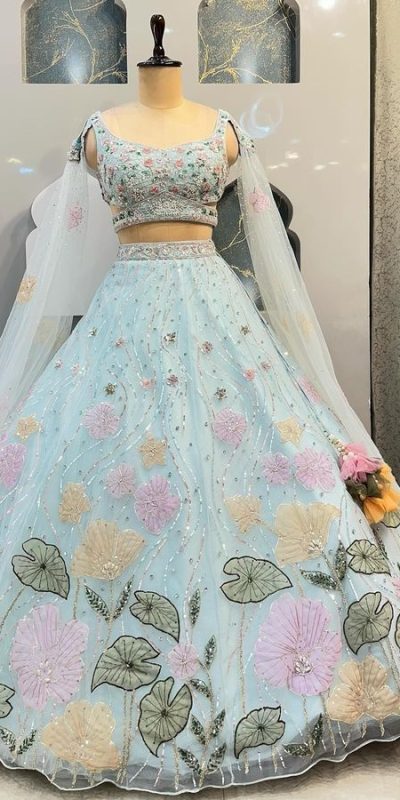 BD 1608 Light Blue Color Organza Silk Embroidered Lehenga Choli Casual, Wedding, Festive, Events Expected Delivery 4-6 Working Days @3199/- | Lehenga, Bollywood Lehenga, Creative Lehenga, Designer Lehenga, Embroidered Lehenga, Party Wear Lehenga