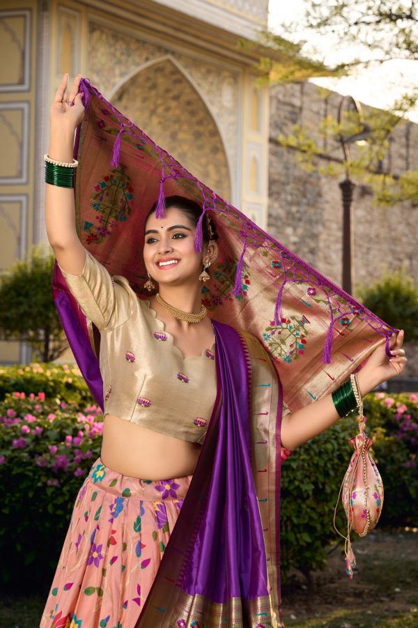 Artful Peach Color Jacquard Silk Weaving Zari Lehenga Choli