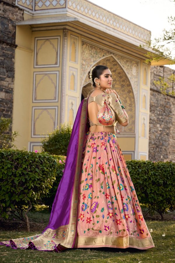 Artful Peach Color Jacquard Silk Weaving Zari Lehenga Choli