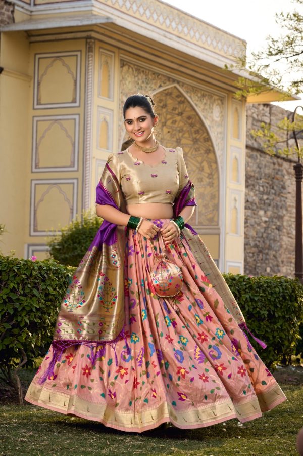 Artful Peach Color Jacquard Silk Weaving Zari Lehenga Choli