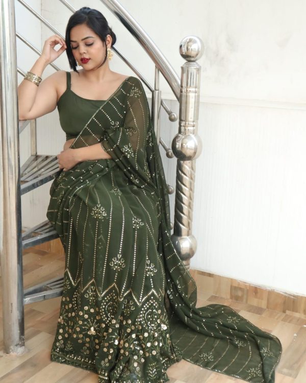 Beautiful Green Color Georgette Embroidery Sequence Saree