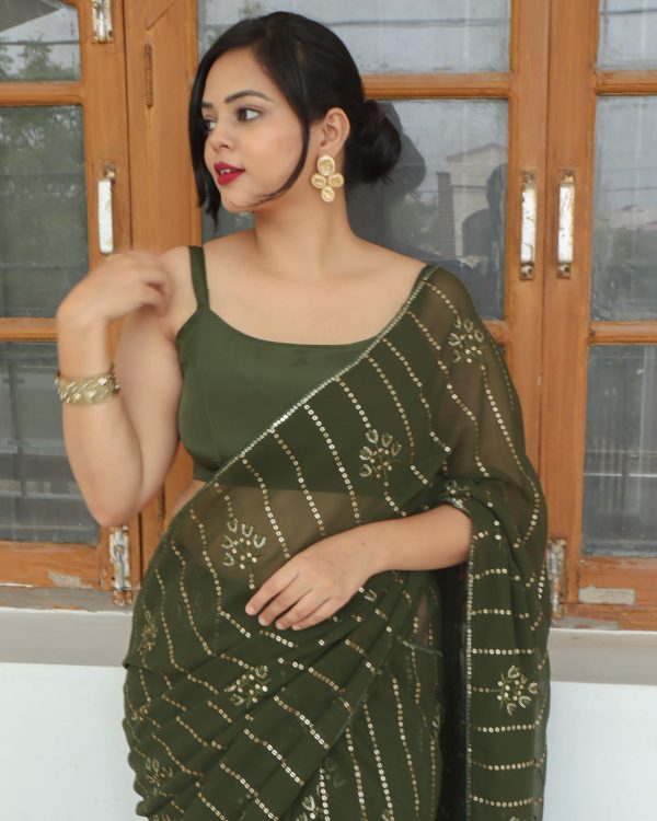 Beautiful Green Color Georgette Embroidery Sequence Saree