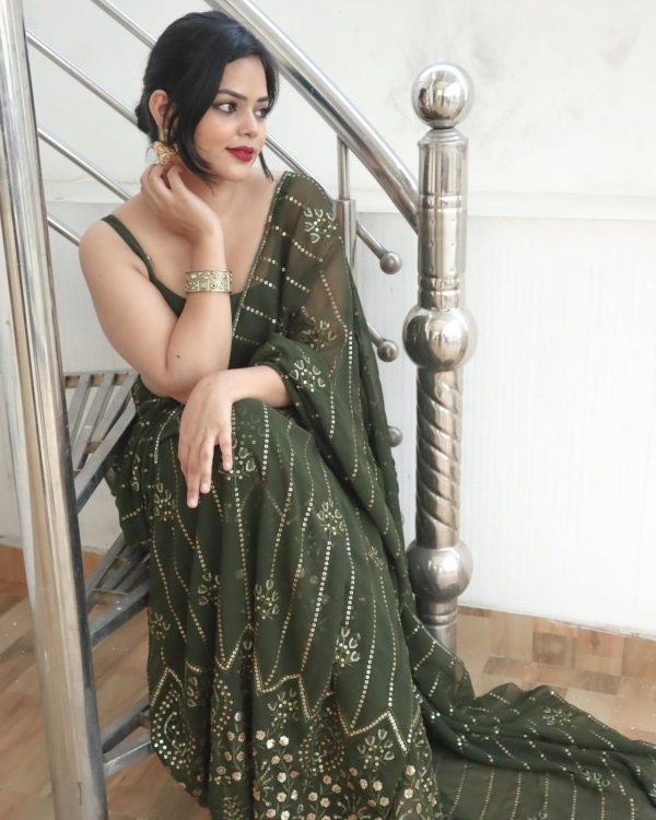 Beautiful Green Color Georgette Embroidery Sequence Saree