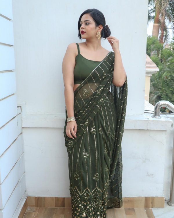 Beautiful Green Color Georgette Embroidery Sequence Saree