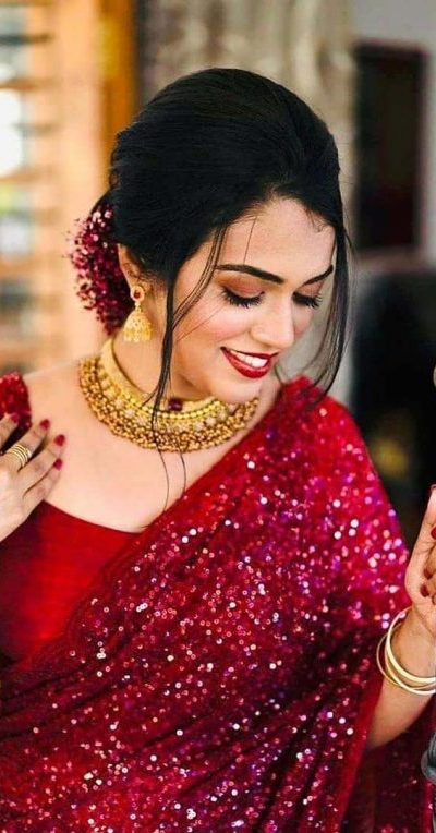 Mystical Red Color Georgette Fancy Sequence Embroidery Saree