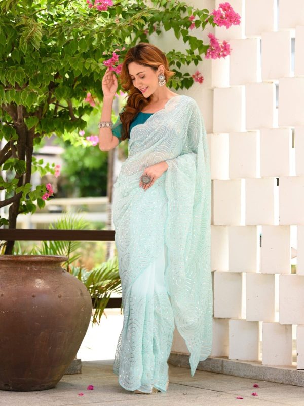 Stylish Light Blue Color Georgette Sequence Work Saree