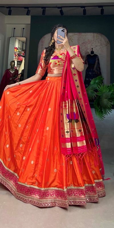 LNB 2005 Orange Jacquard Silk Weaving Zari Lehenga Choli Festive Party Wedding, Events etc. Delivery 4-6 Working Days @3499/- | Lehenga, Bollywood Lehenga, Creative Lehenga, Designer Lehenga, Embroidered Lehenga, Party Wear Lehenga