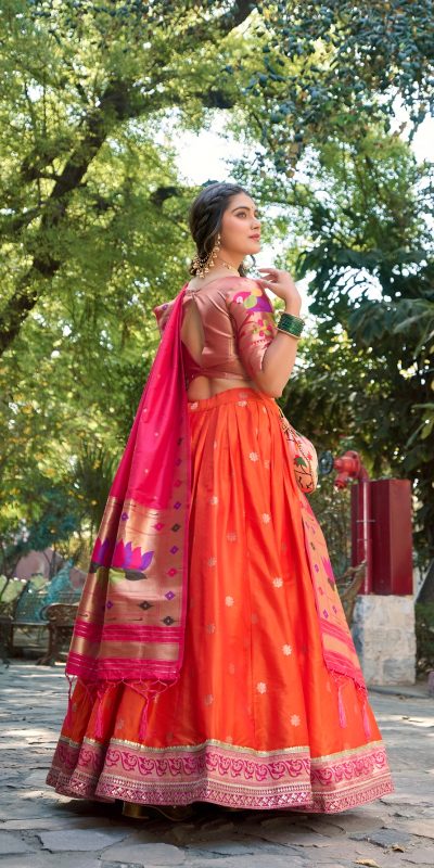 LNB 2005 Orange Jacquard Silk Weaving Zari Lehenga Choli Festive Party Wedding, Events etc. Delivery 4-6 Working Days @3499/- | Lehenga, Bollywood Lehenga, Creative Lehenga, Designer Lehenga, Embroidered Lehenga, Party Wear Lehenga