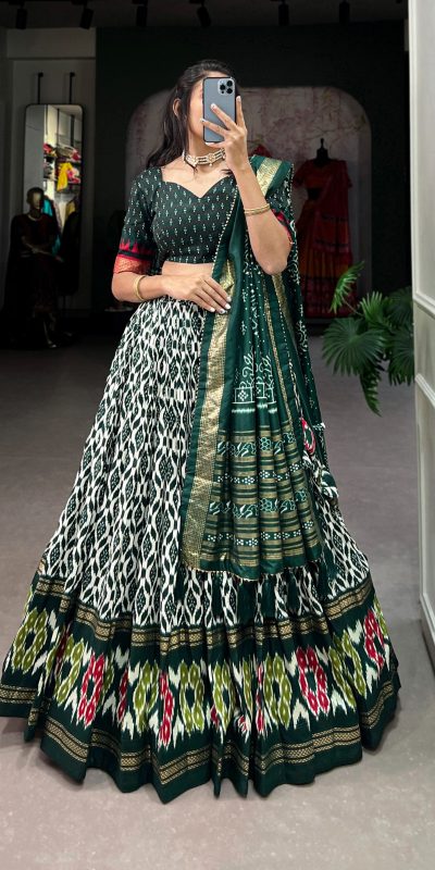 LNB 1223 Green Color Aglow Tussar Silk Ikkat Print Foil Work Lehenga Choli Wedding, Festive, Events Expected Delivery 4-6 Working Days@2449/- Only | Lehenga, Bollywood Lehenga, Creative Lehenga, Designer Lehenga, Embroidered Lehenga, Party Wear Lehenga