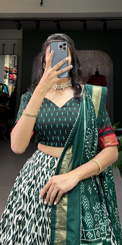 LNB 1223 Green Color Aglow Tussar Silk Ikkat Print Foil Work Lehenga Choli Wedding, Festive, Events Expected Delivery 4-6 Working Days@2449/- Only | Lehenga, Bollywood Lehenga, Creative Lehenga, Designer Lehenga, Embroidered Lehenga, Party Wear Lehenga