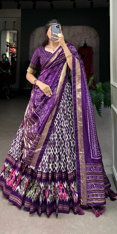 LNB 1223 Purple Color Aglow Tussar Silk Ikkat Print Foil Work Lehenga Choli Wedding, Festive, Events Expected Delivery 4-6 Working Days@2449/- Only | Lehenga, Bollywood Lehenga, Creative Lehenga, Designer Lehenga, Embroidered Lehenga, Party Wear Lehenga
