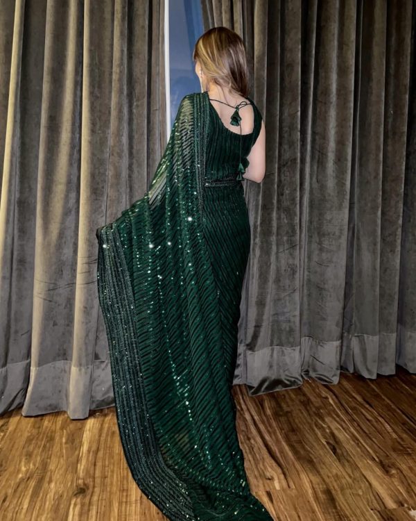 Attractive Green Sequin Georgette With Embroidery Work Saree