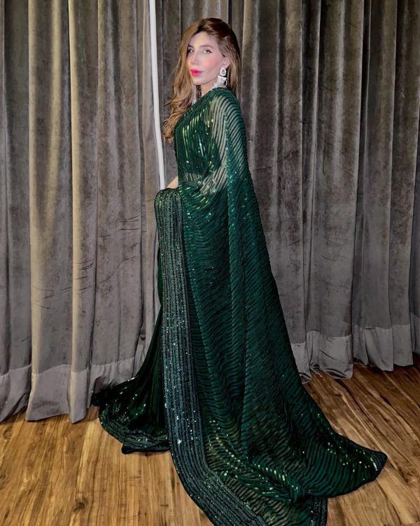 Attractive Green Sequin Georgette With Embroidery Work Saree