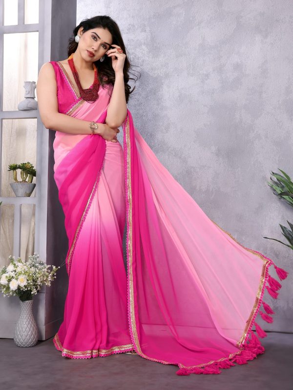 Attractive In Rose Pink Color Faux Peding Georgette Party Wear Saree