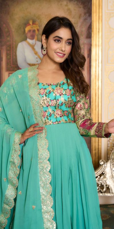 Ram 052 Sea Green Faux Color Fox Georgette Embroider Pure Zecard Work Gown Wedding Party, Festive, Events Etc.4-6 Working Days@2149/- only | Gowns, Bollywood Gowns, Creative Gowns, Designer Gowns, Embroidered Gowns, Party Wear Gowns, Straight Suits