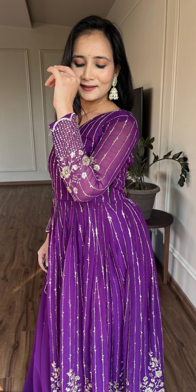 Women's Purple Color Fox Georgette sequence Embroidery Work With Gown