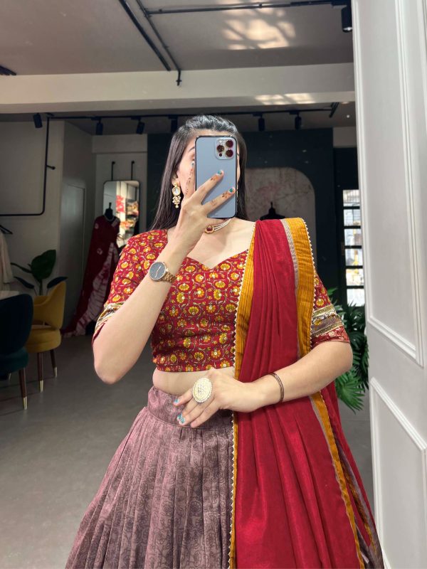Red Tussar Silk Print With Foil Print Lehenga Choli - Image 2