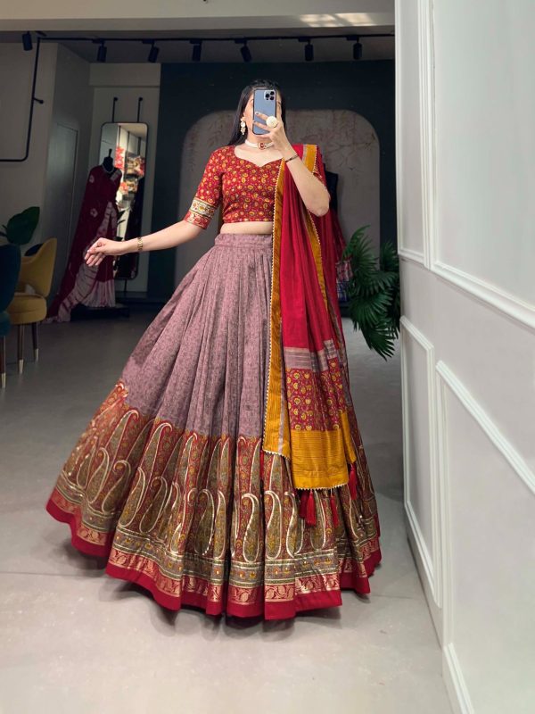 Red Tussar Silk Print With Foil Print Lehenga Choli - Image 3