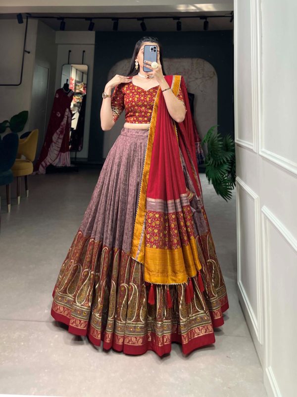 Red Tussar Silk Print With Foil Print Lehenga Choli - Image 4