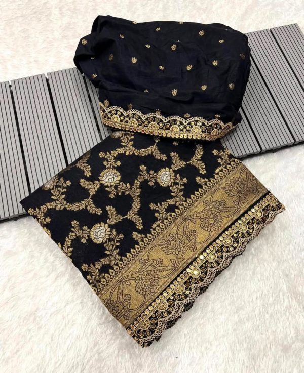 Amazing Black Color Jacquard Weaving With Embroidery Cording Lace Saree
