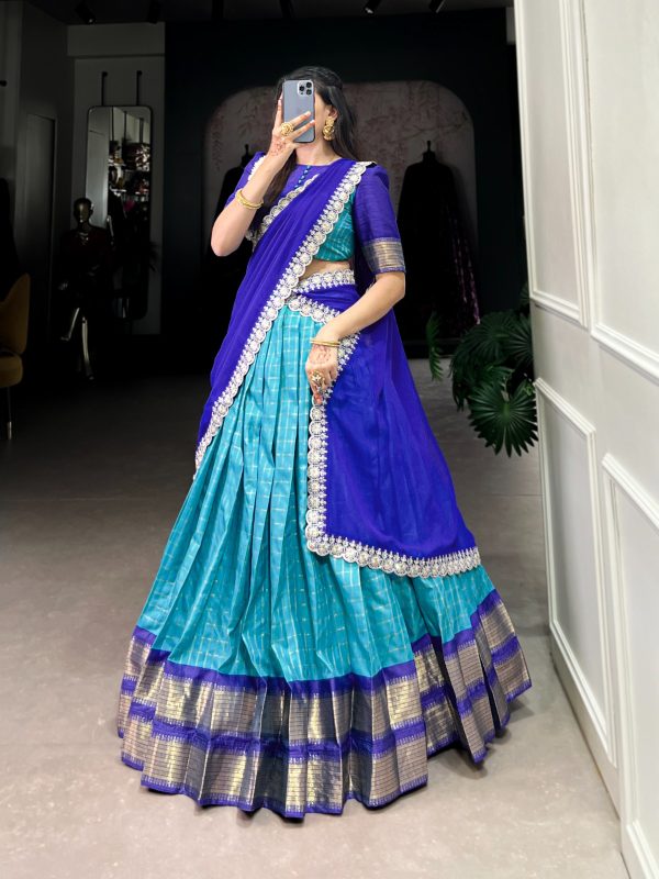 Blue Zari Chex Weaving Work Lehenga Choli - Image 2