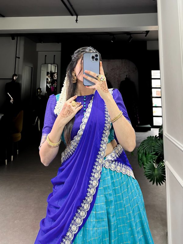 Blue Zari Chex Weaving Work Lehenga Choli - Image 3