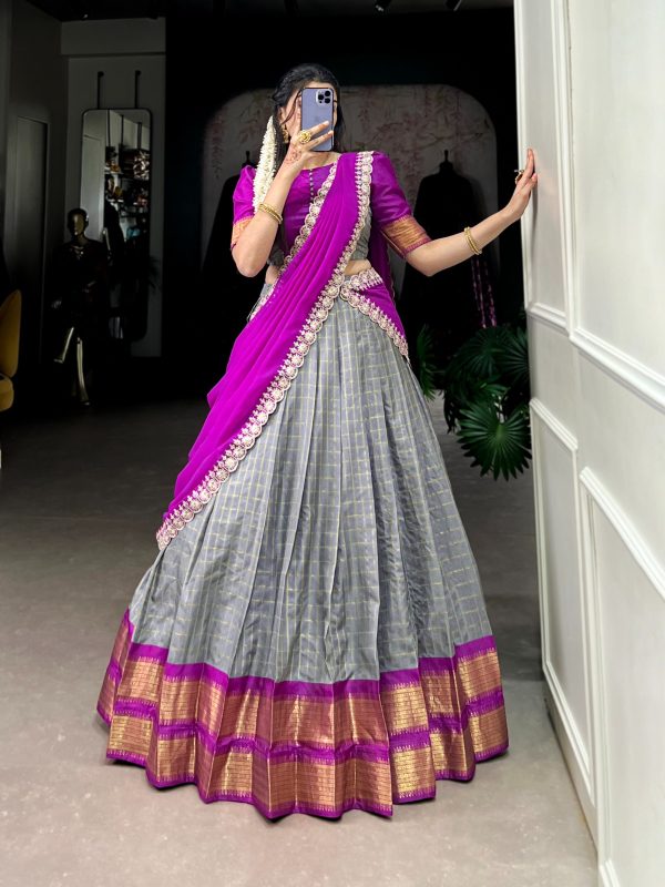 Grey Zari Chex Weaving Work Lehenga Choli - Image 2