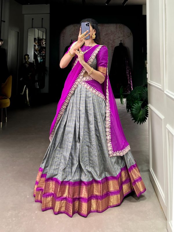 Grey Zari Chex Weaving Work Lehenga Choli - Image 3