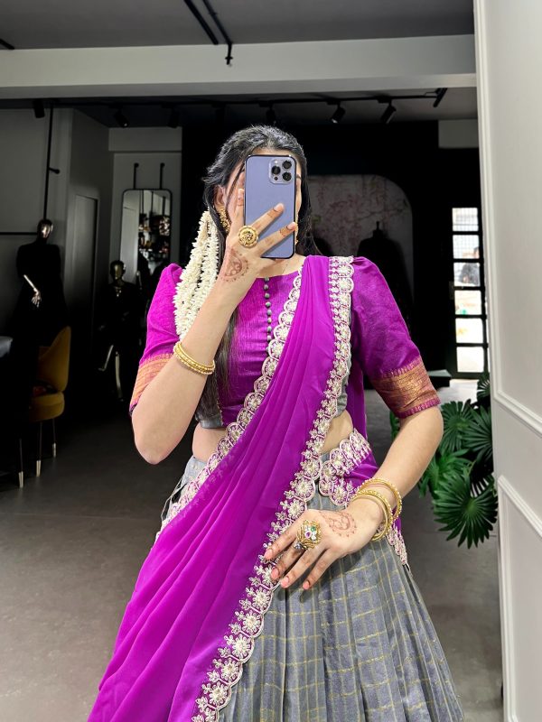 Grey Zari Chex Weaving Work Lehenga Choli - Image 4