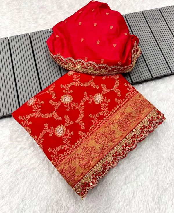Amazing Orange Color Jacquard Weaving With Embroidery Cording Lace Saree