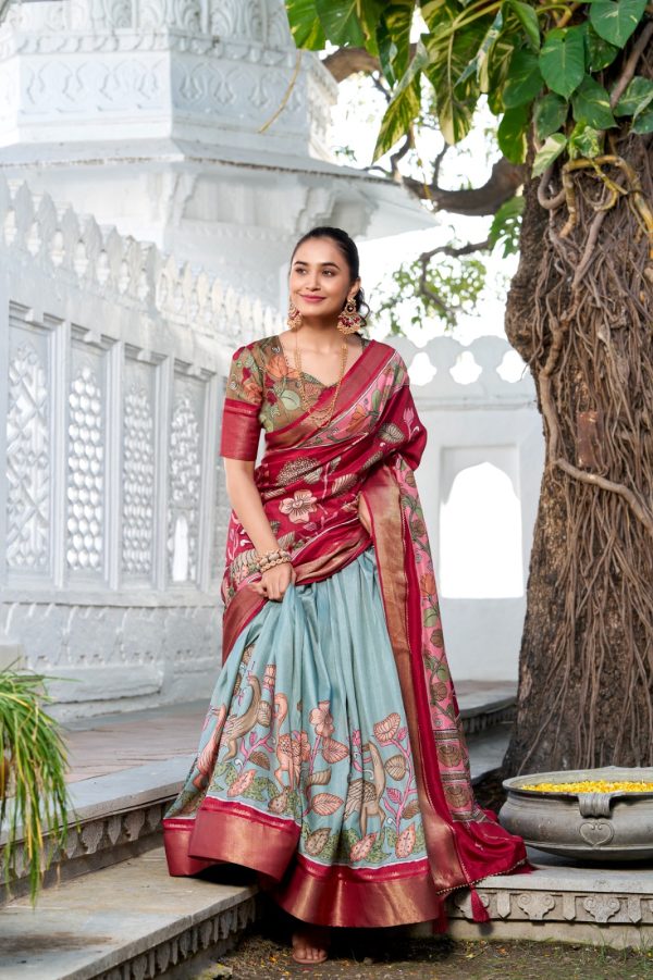 Red Dola Silk Print Zari Border Lehenga Choli - Image 4
