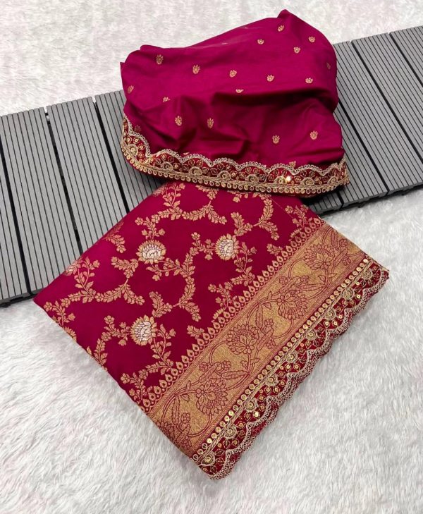Amazing Red Color Jacquard Weaving With Embroidery Cording Lace Saree
