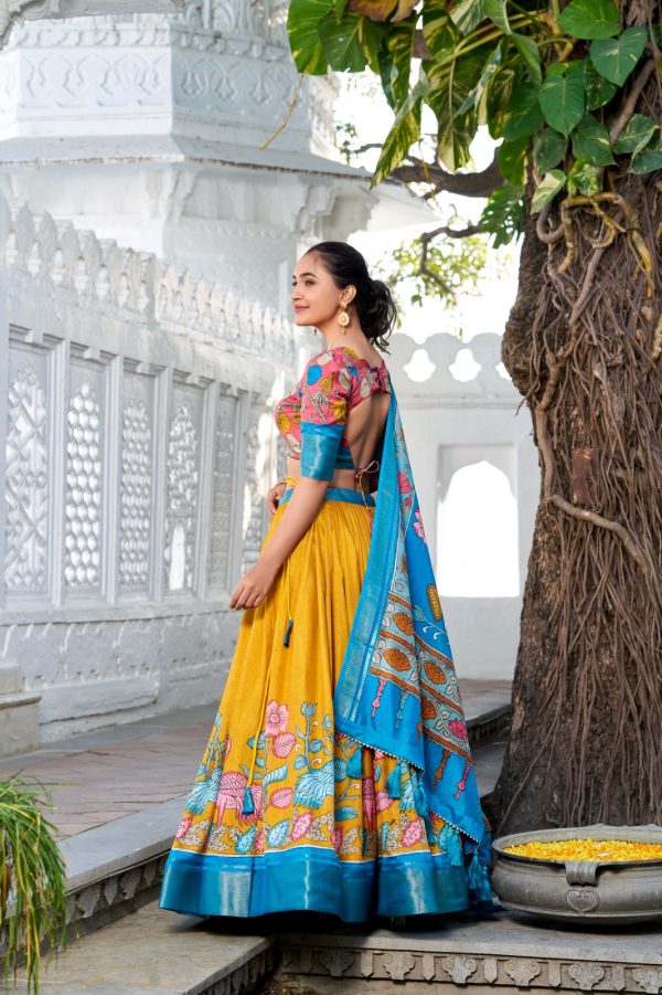 Sky Blue Dola Silk Print Zari Border Lehenga Choli - Image 3