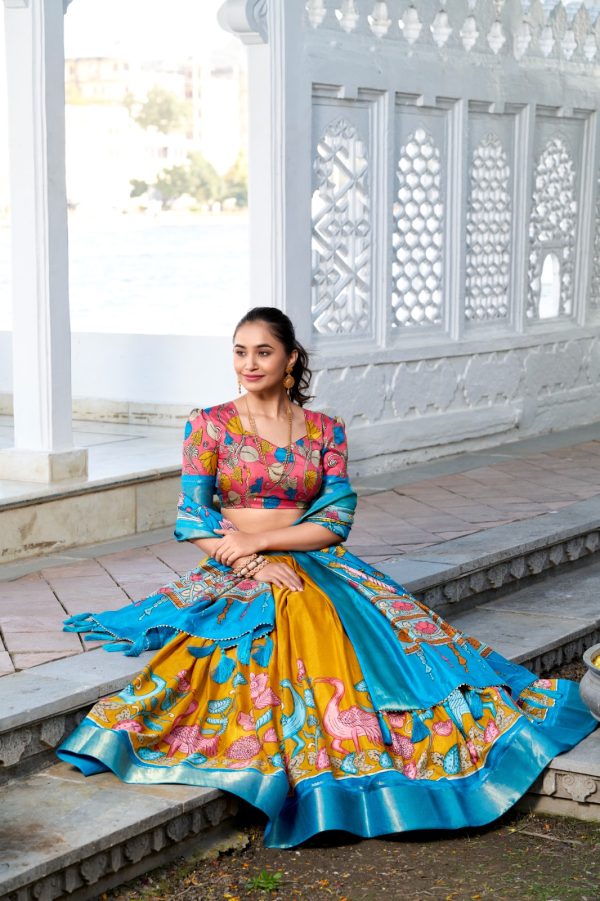 Sky Blue Dola Silk Print Zari Border Lehenga Choli - Image 4
