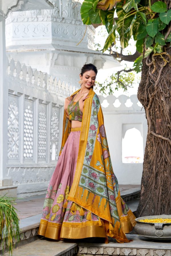 Yellow Dola Silk Print Zari Border Lehenga Choli - Image 4