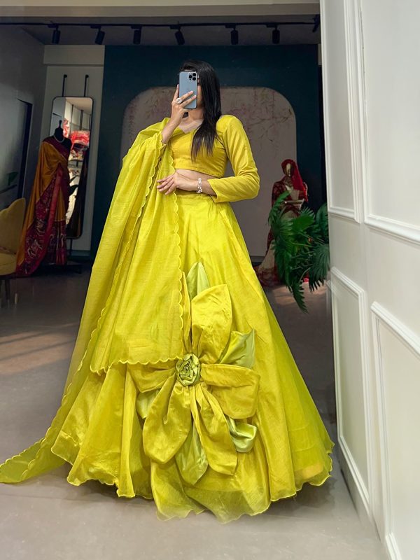 Parrot Green Rajwadi Chanderi Silk Hand Made Flower Lehenga Choli - Image 2