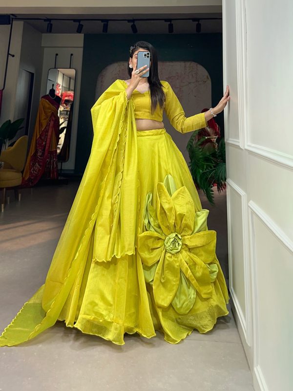 Parrot Green Rajwadi Chanderi Silk Hand Made Flower Lehenga Choli - Image 4